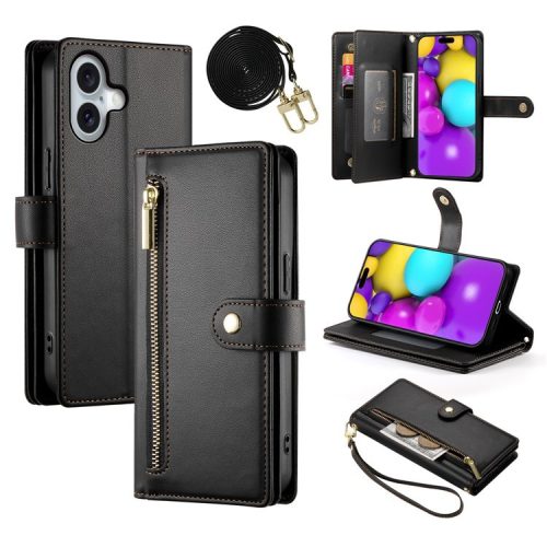 DF-011 For iPhone 16 Case Anti-Drop Leather Wallet Phone Cover with Long / Short Straps - Black