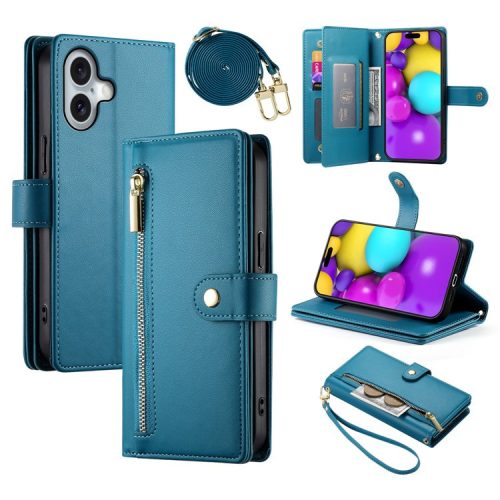 DF-011 For iPhone 16 Case Anti-Drop Leather Wallet Phone Cover with Long / Short Straps - Blue