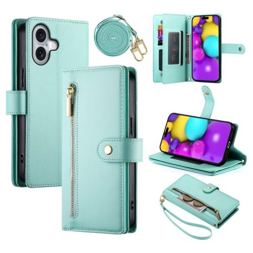 DF-011 For iPhone 16 Case Anti-Drop Leather Wallet Phone Cover with Long / Short Straps - Mint Green