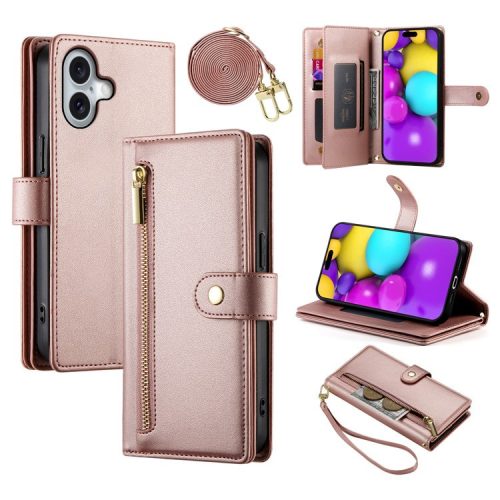 DF-011 For iPhone 16 Case Anti-Drop Leather Wallet Phone Cover with Long / Short Straps - Pink