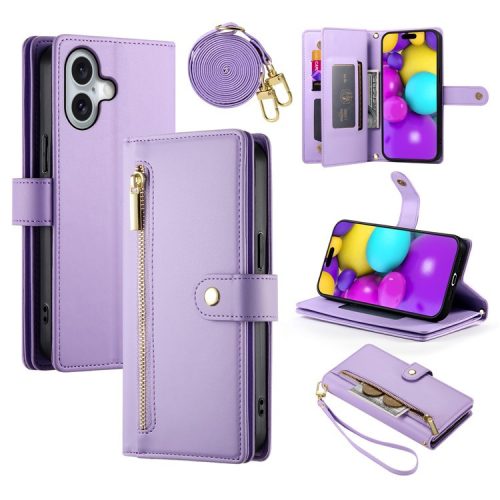 DF-011 For iPhone 16 Case Anti-Drop Leather Wallet Phone Cover with Long / Short Straps - Purple