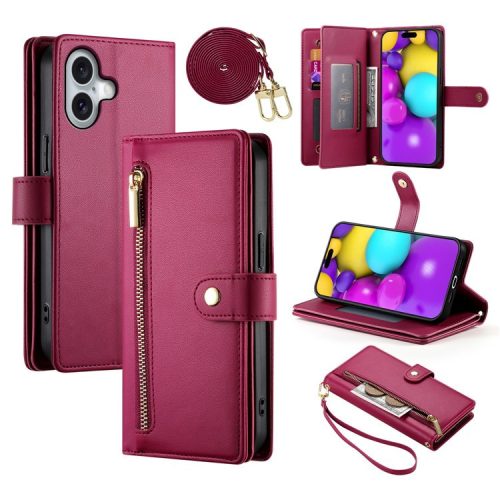 DF-011 For iPhone 16 Case Anti-Drop Leather Wallet Phone Cover with Long / Short Straps - Red