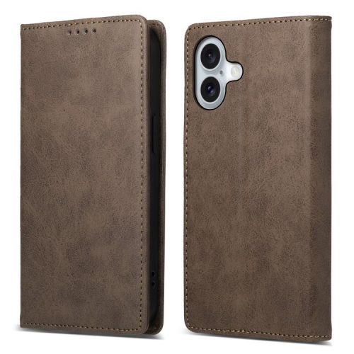 DF-05 For iPhone 16 Case PU Leather RFID Blocking Phone Cover - Brown