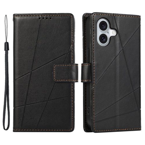 DF-06 For iPhone 16 Wallet Case Line Imprint Leather Flip Phone Cover - Black