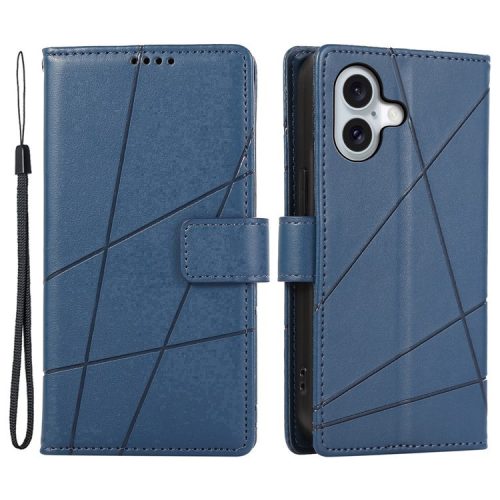 DF-06 For iPhone 16 Wallet Case Line Imprint Leather Flip Phone Cover - Blue