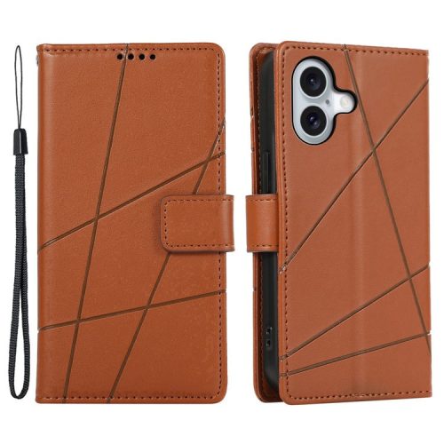 DF-06 For iPhone 16 Wallet Case Line Imprint Leather Flip Phone Cover - Brown