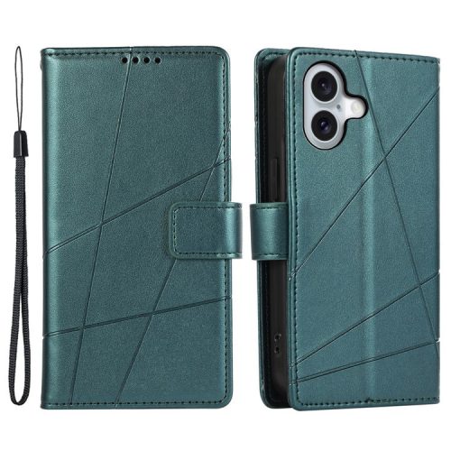 DF-06 For iPhone 16 Wallet Case Line Imprint Leather Flip Phone Cover - Green