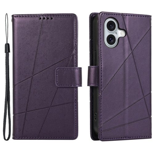 DF-06 For iPhone 16 Wallet Case Line Imprint Leather Flip Phone Cover - Purple