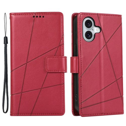 DF-06 For iPhone 16 Wallet Case Line Imprint Leather Flip Phone Cover - Red