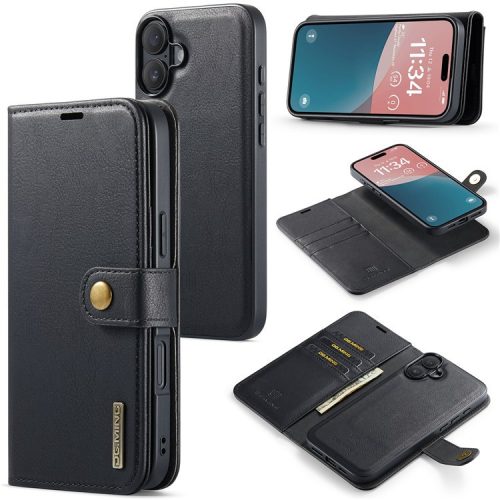 DG.MING for iPhone 16 Case Detachable Split Leather Phone Cover - Black