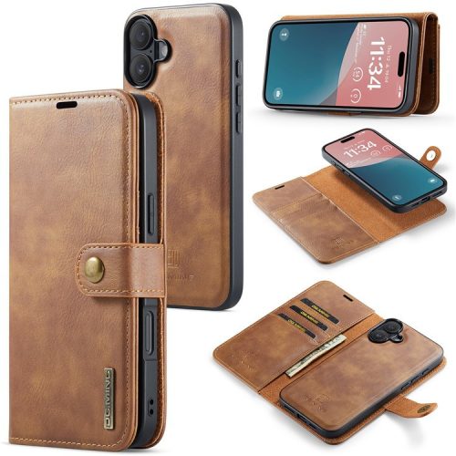 DG.MING for iPhone 16 Case Detachable Split Leather Phone Cover - Brown