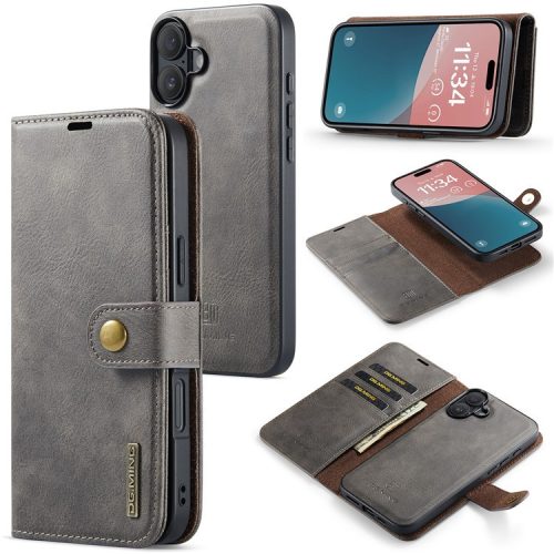 DG.MING for iPhone 16 Case Detachable Split Leather Phone Cover - Grey