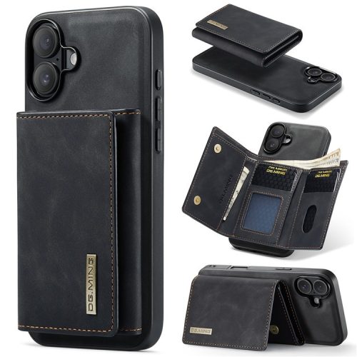 DG.MING M1 Series for iPhone 16 Case Kickstand PU Phone Cover with Detachable Wallet - Black