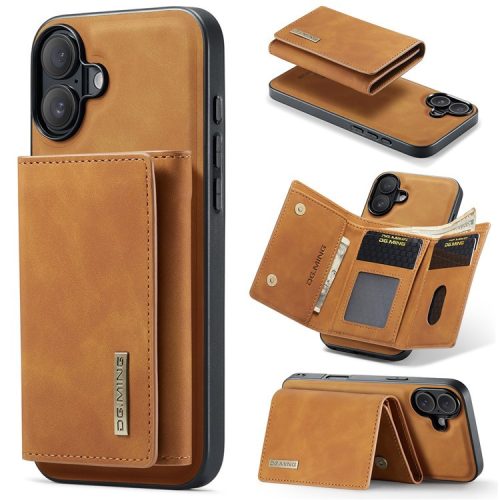 DG.MING M1 Series for iPhone 16 Case Kickstand PU Phone Cover with Detachable Wallet - Brown