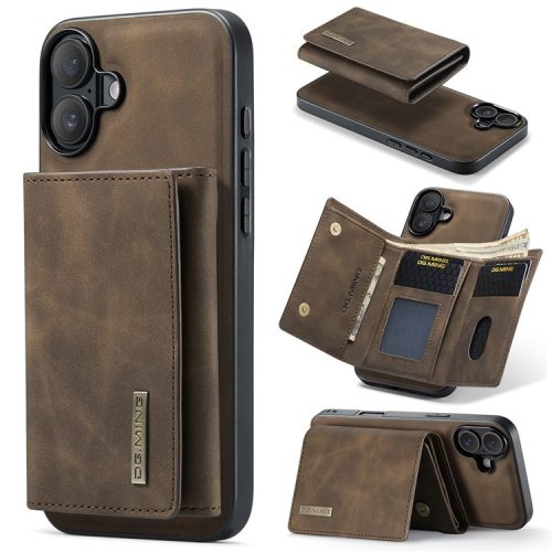 DG.MING M1 Series for iPhone 16 Case Kickstand PU Phone Cover with Detachable Wallet - Coffee