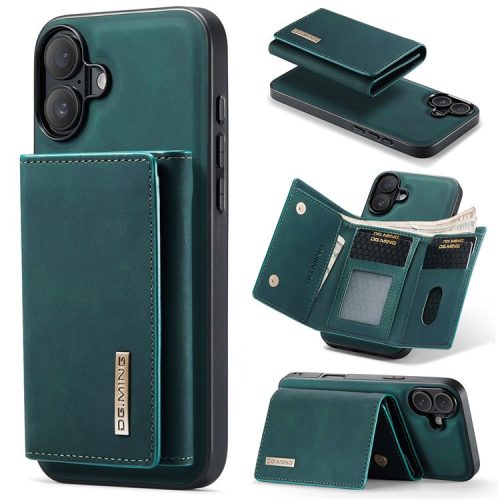 DG.MING M1 Series for iPhone 16 Case Kickstand PU Phone Cover with Detachable Wallet - Green