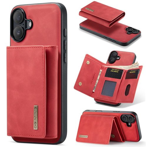 DG.MING M1 Series for iPhone 16 Case Kickstand PU Phone Cover with Detachable Wallet - Red