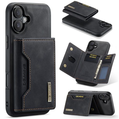 DG.MING M2 Series for iPhone 16 Case PU+PC+TPU Phone Cover Detachable Wallet - Black