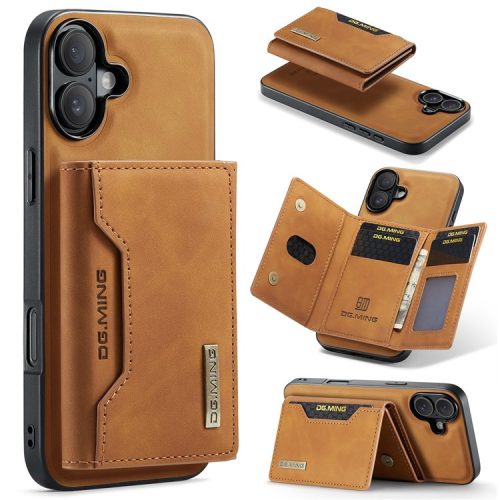 DG.MING M2 Series for iPhone 16 Case PU+PC+TPU Phone Cover Detachable Wallet - Brown