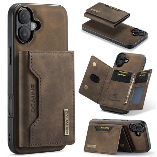 DG.MING M2 Series for iPhone 16 Case PU+PC+TPU Phone Cover Detachable Wallet - Coffee