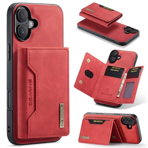 DG.MING M2 Series for iPhone 16 Case PU+PC+TPU Phone Cover Detachable Wallet - Red