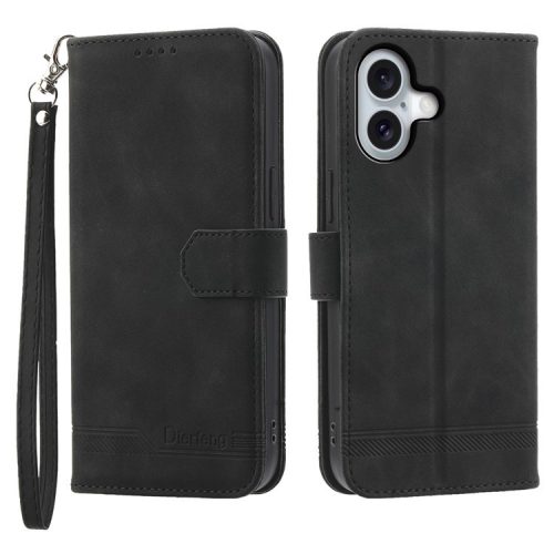 DIERFENG DF-03 For iPhone 16 Case Anti-Drop Lines Imprinted Wallet Phone Cover - Black