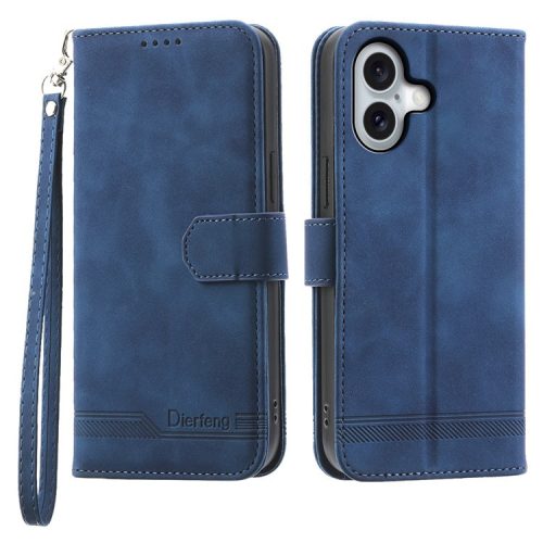 DIERFENG DF-03 For iPhone 16 Case Anti-Drop Lines Imprinted Wallet Phone Cover - Blue