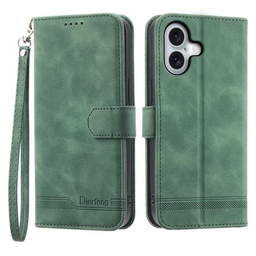 DIERFENG DF-03 For iPhone 16 Case Anti-Drop Lines Imprinted Wallet Phone Cover - Green