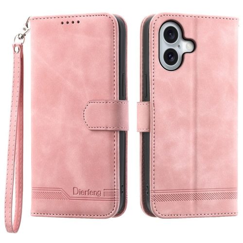 DIERFENG DF-03 For iPhone 16 Case Anti-Drop Lines Imprinted Wallet Phone Cover - Pink