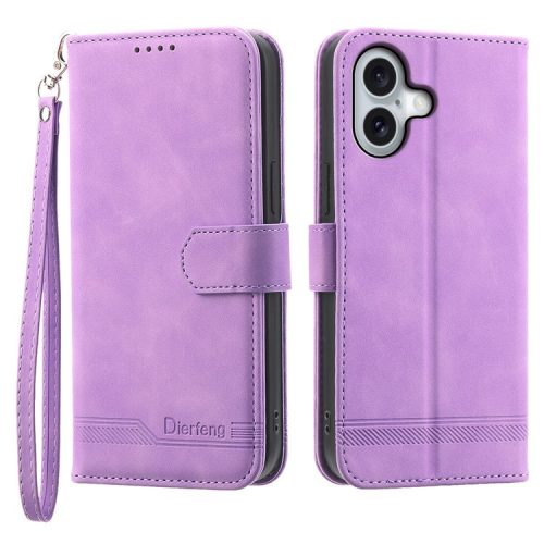 DIERFENG DF-03 For iPhone 16 Case Anti-Drop Lines Imprinted Wallet Phone Cover - Purple