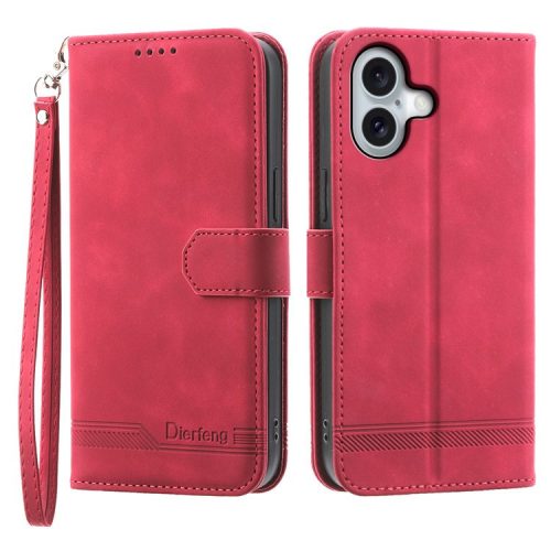 DIERFENG DF-03 For iPhone 16 Case Anti-Drop Lines Imprinted Wallet Phone Cover - Red