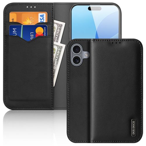 DUX DUCIS Hivo Series for iPhone 16 Case Cowhide Leather Wallet Stand Flip Phone Cover - Black