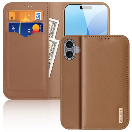 DUX DUCIS Hivo Series for iPhone 16 Case Cowhide Leather Wallet Stand Flip Phone Cover - Brown