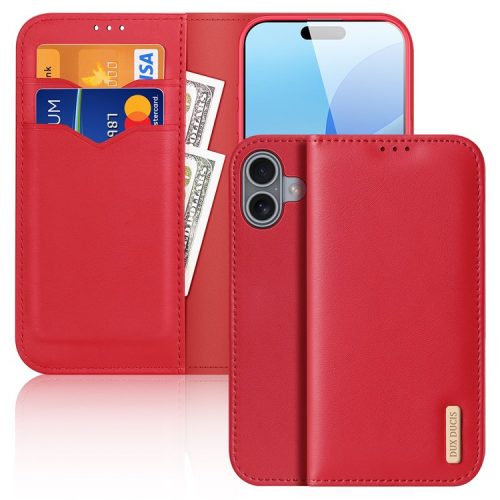 DUX DUCIS Hivo Series for iPhone 16 Case Cowhide Leather Wallet Stand Flip Phone Cover - Red