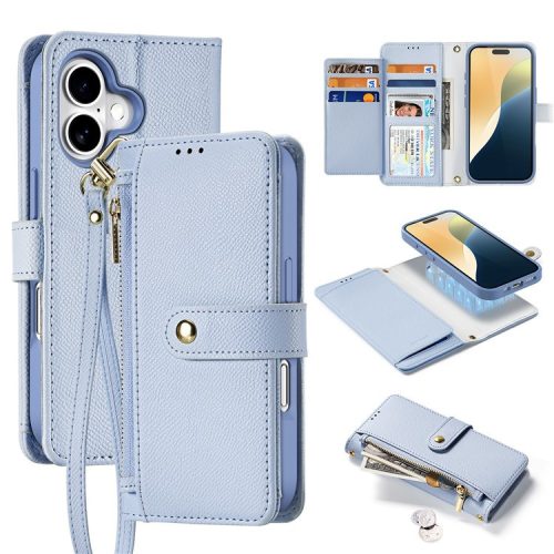 DUX DUCIS Lawa Series for iPhone 16 Magnetic Case Detachable Zipper Wallet Cowhide Leather Cover - Baby Blue