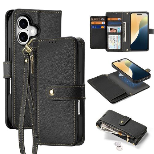 DUX DUCIS Lawa Series for iPhone 16 Magnetic Case Detachable Zipper Wallet Cowhide Leather Cover - Black