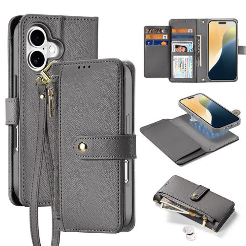 DUX DUCIS Lawa Series for iPhone 16 Magnetic Case Detachable Zipper Wallet Cowhide Leather Cover - Grey