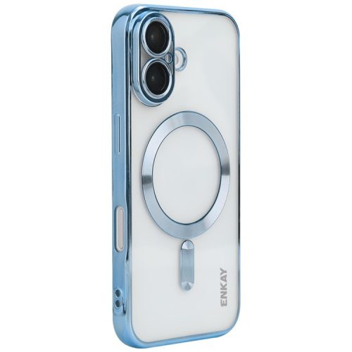 ENKAY HAT PRINCE For iPhone 16 Magnetic Clear Case Shockproof TPU Phone Cover with Lens Film - Baby Blue