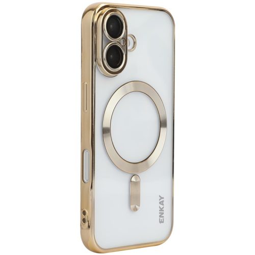 ENKAY HAT PRINCE For iPhone 16 Magnetic Clear Case Shockproof TPU Phone Cover with Lens Film - Gold