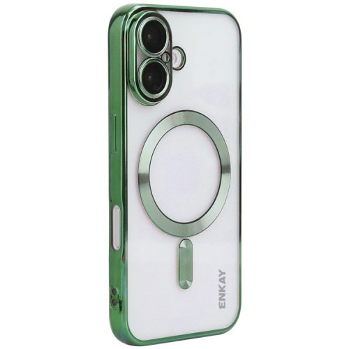 ENKAY HAT PRINCE For iPhone 16 Magnetic Clear Case Shockproof TPU Phone Cover with Lens Film - Green