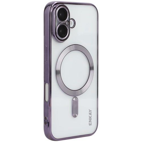 ENKAY HAT PRINCE For iPhone 16 Magnetic Clear Case Shockproof TPU Phone Cover with Lens Film - Purple