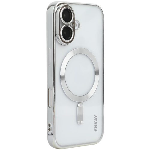 ENKAY HAT PRINCE For iPhone 16 Magnetic Clear Case Shockproof TPU Phone Cover with Lens Film - Silver