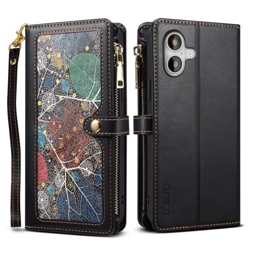 ESEBLE Galaxy Series For iPhone 16 Case Leather Zipper Phone Cover RFID Blocking - Black