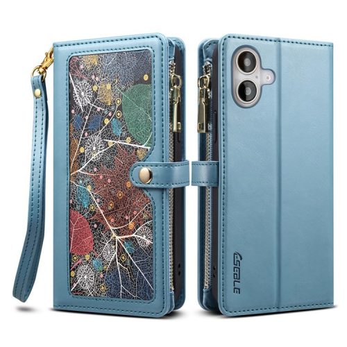 ESEBLE Galaxy Series For iPhone 16 Case Leather Zipper Phone Cover RFID Blocking - Blue