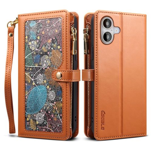 ESEBLE Galaxy Series For iPhone 16 Case Leather Zipper Phone Cover RFID Blocking - Brown