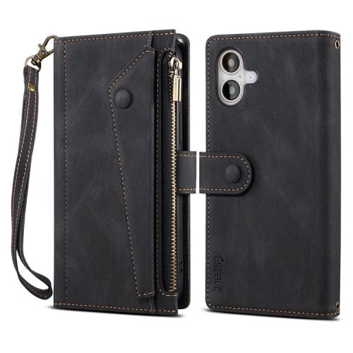 ESEBLE Star Series For iPhone 16 Case Zipper Wallet Leather Stand Phone Cover - Black