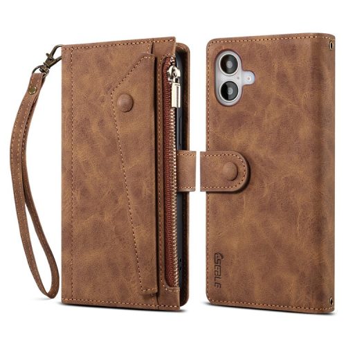 ESEBLE Star Series For iPhone 16 Case Zipper Wallet Leather Stand Phone Cover - Brown