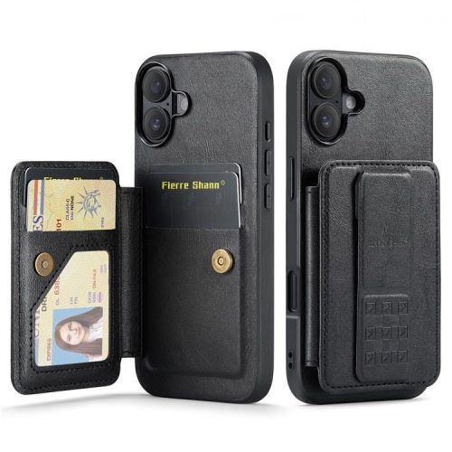 FIERRE SHANN 024 Style For iPhone 16 Case Card Holder Kickstand Waxy Texture Leather+TPU Phone Cover - Black