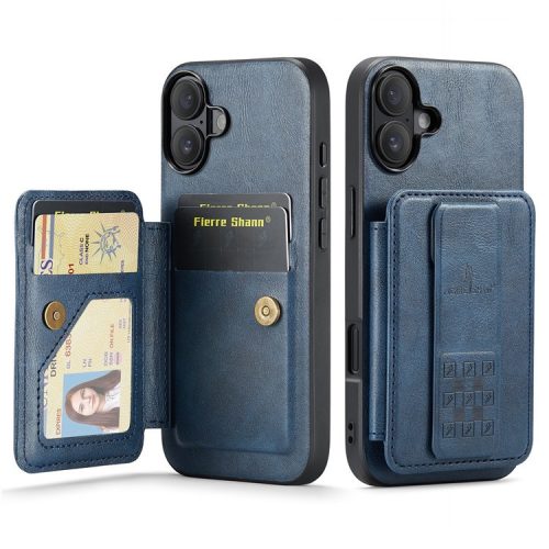 FIERRE SHANN 024 Style For iPhone 16 Case Card Holder Kickstand Waxy Texture Leather+TPU Phone Cover - Blue