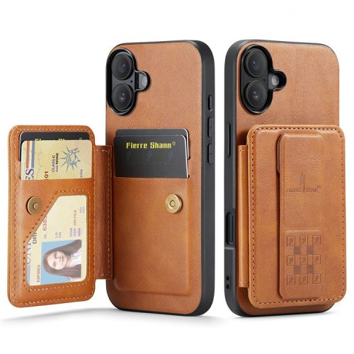 FIERRE SHANN 024 Style For iPhone 16 Case Card Holder Kickstand Waxy Texture Leather+TPU Phone Cover - Brown